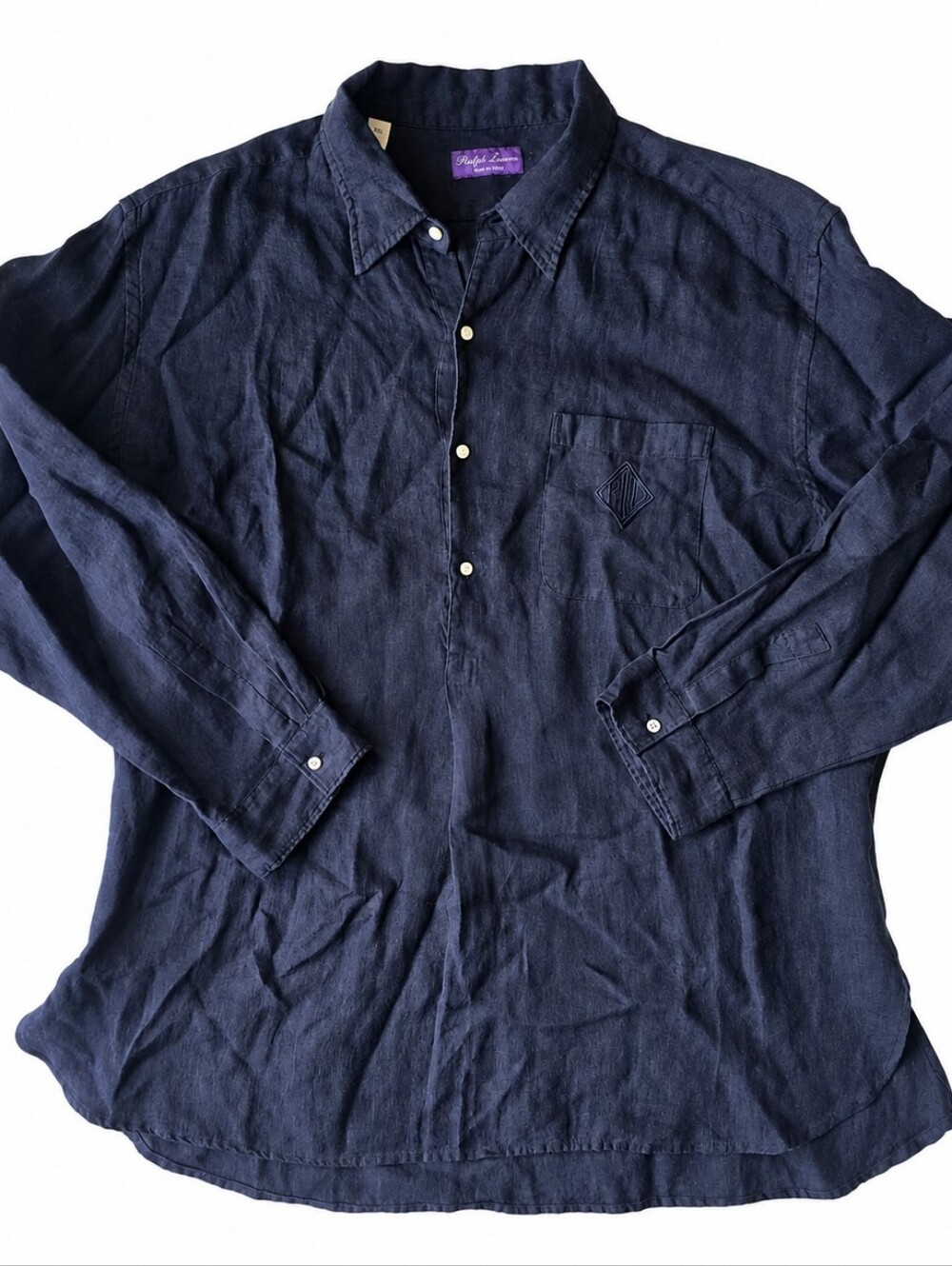 Ralph Lauren Purple Label Navy Blue Linen Popover Shirt Mens XXL Monogram Pocket